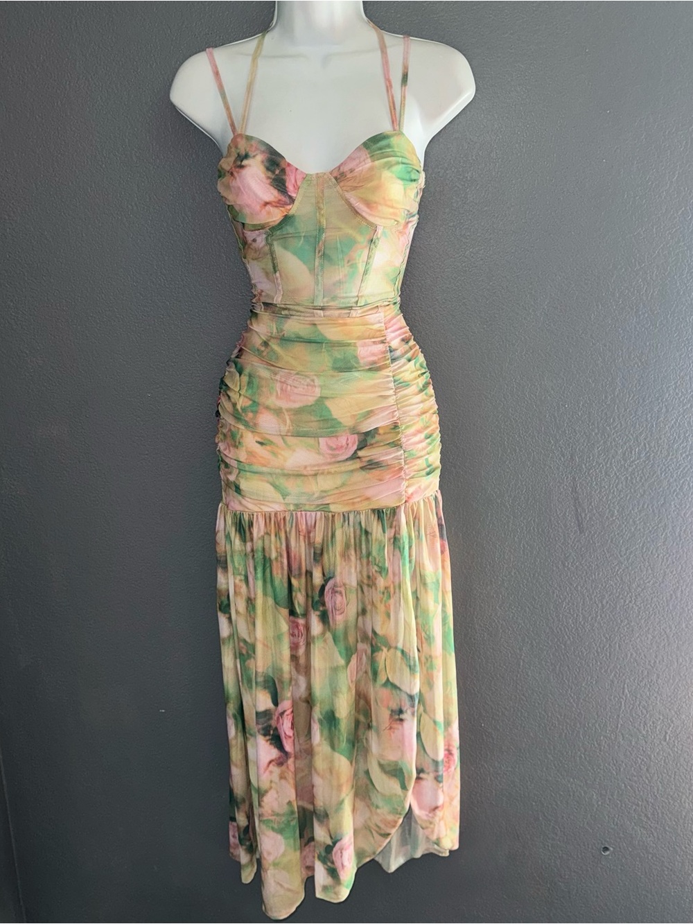 Womens Viral TikTok Floral Midi Corset Mesh Maxi Dress size Small - Picture 3 of 9